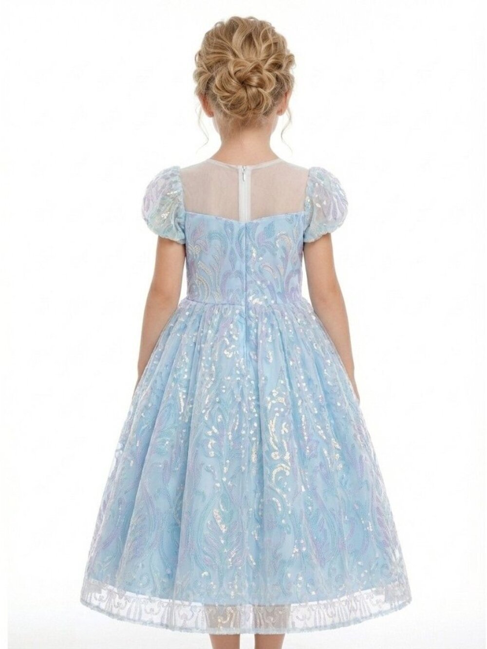 Girls Blue Party Dress with Puff Sleeves - Picture 2 of 2